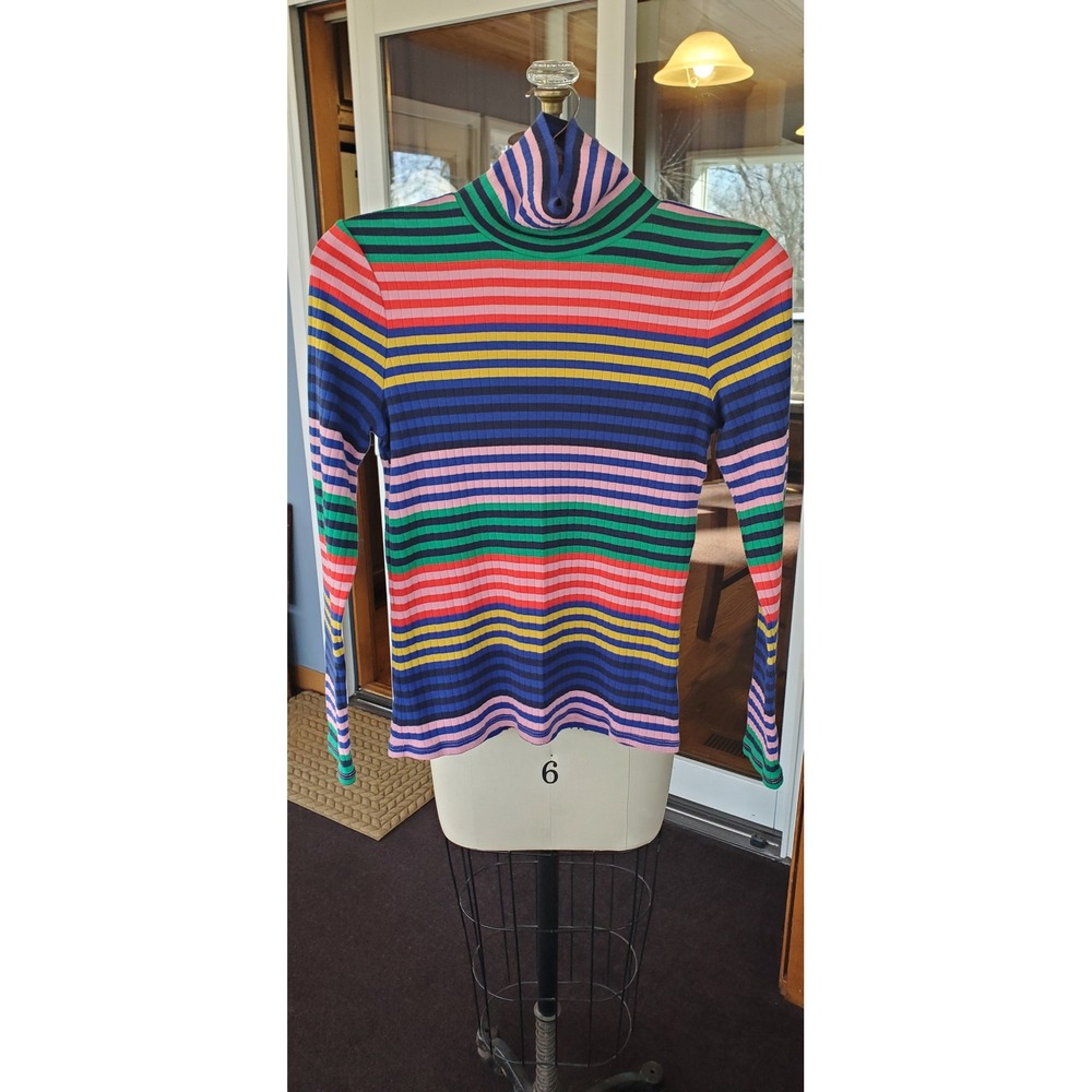 Boden Womens Multi Color Rainbow Striped Ribbed Cotton Turtleneck Top T1663 US 6